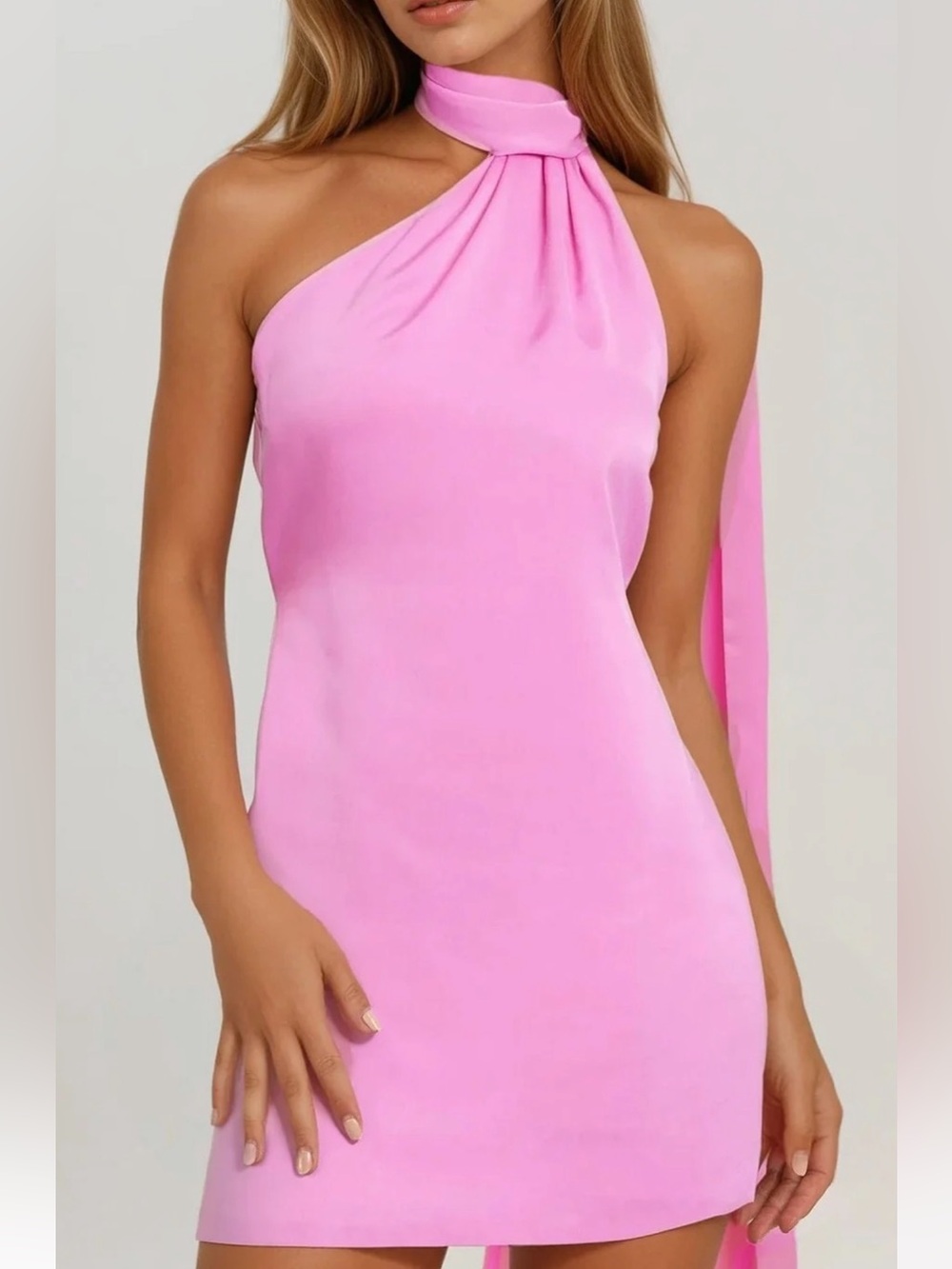 Asymmetric Halter Mini Dress in Bright Pink